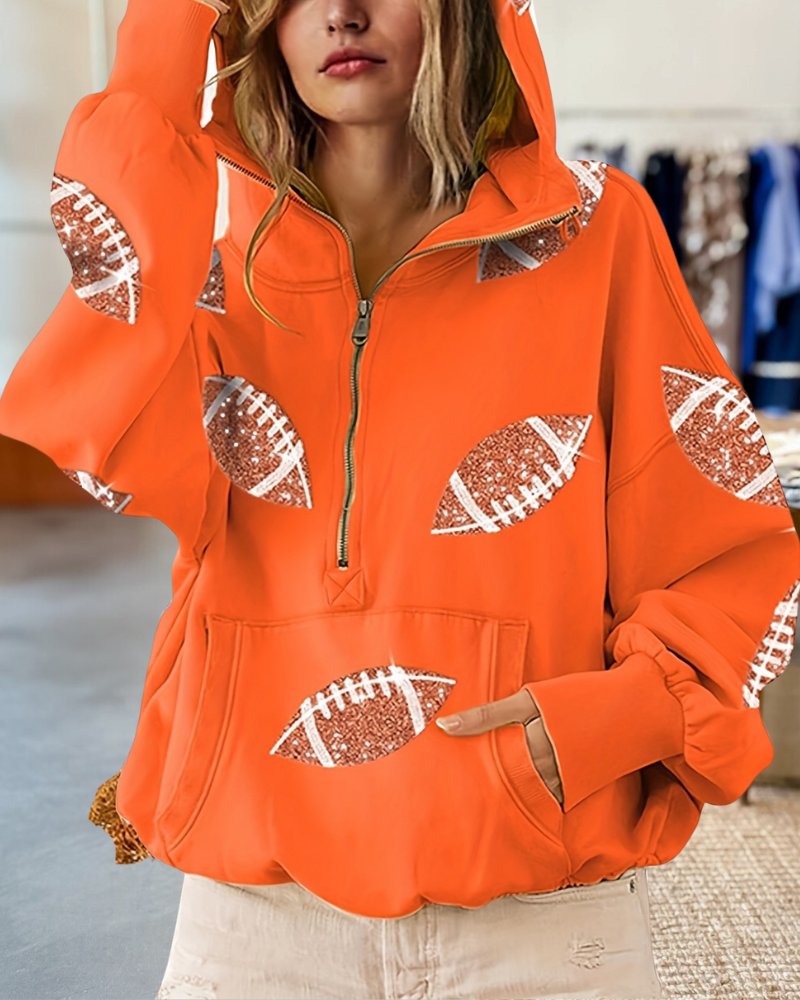Sequined Footballs Half Zip Up Hoodie