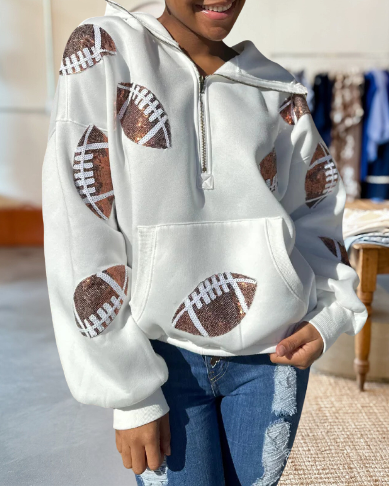 Sequined Footballs Half Zip Up Hoodie
