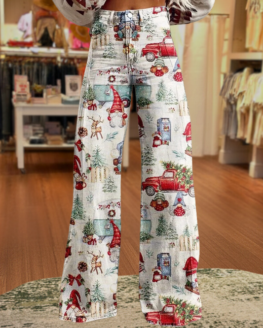 Festive Christmas Print Wide-Leg Pants