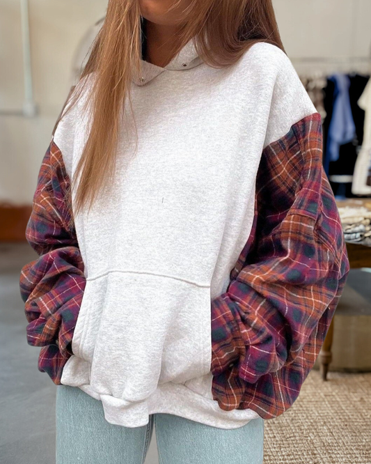 Front Pocket Plaid Sleeved Hoodie