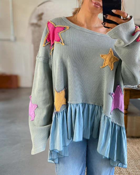 Star Patched Ruffled Sweatshirt