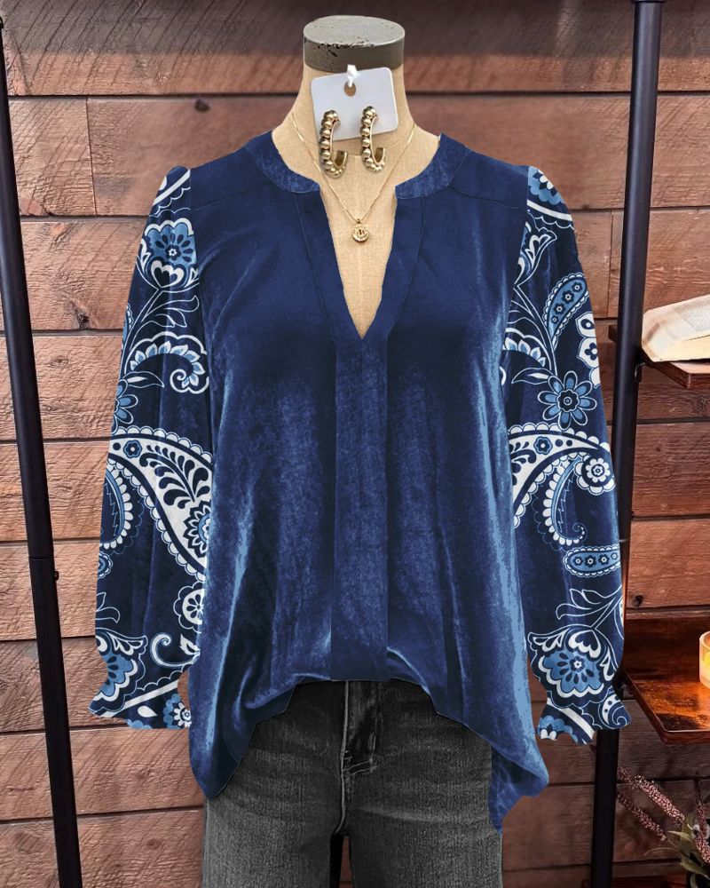 Paisley Print Velvet V Neck Blouse