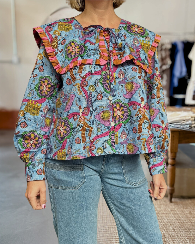 Whimsical Print Ruffled Collar Blouse