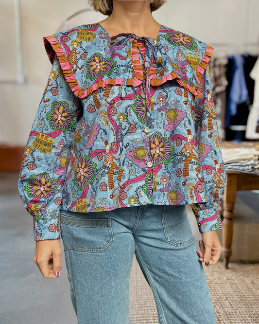 Whimsical Print Ruffled Collar Blouse
