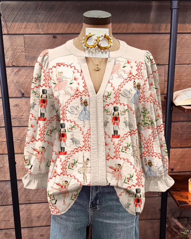Nutcracker Print Puff Sleeve Top