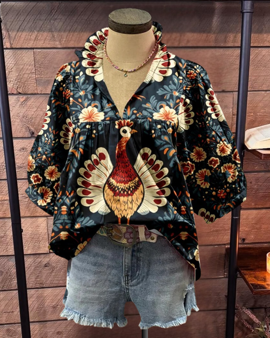 Chic Floral Turkey Print Puff Sleeve Top