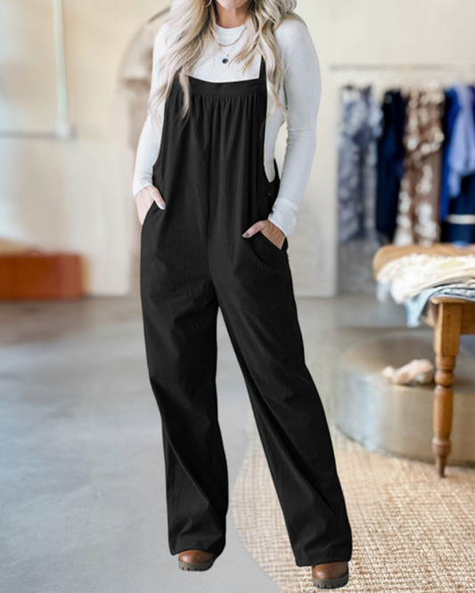 Pocketed Loose Fit Corduroy Overalls