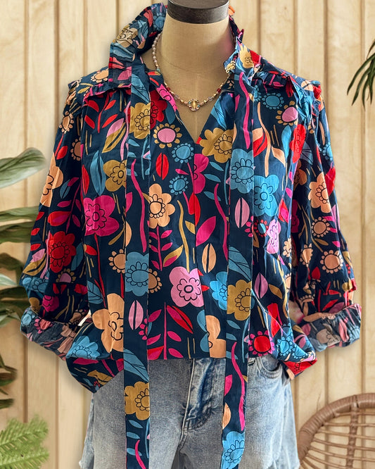 Multicolor Floral Print Feminine Tie Neck Blouse
