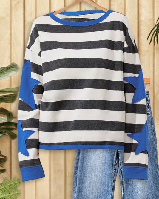 Star Applique Striped Urban Drop Shoulder Sweatshirt