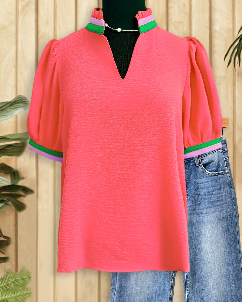 Hit Color Patchwork Bright V Neck T-Shirt