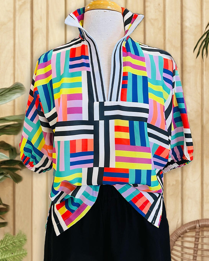 Color Block V Neck Bright Blouse