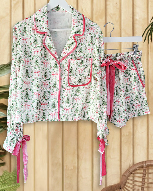 Santa Claus Print Piping Lace-Up Laid Back Pant Suit