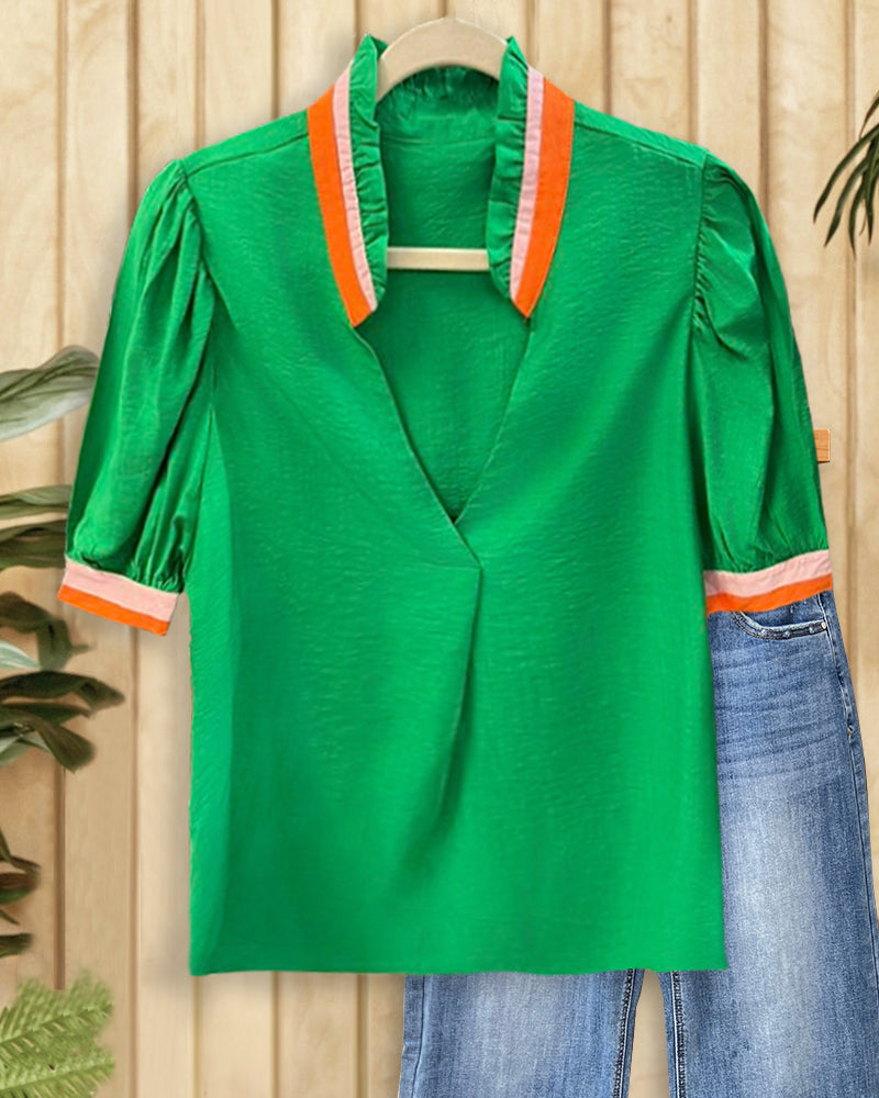 Hit Color Patchwork Bright V Neck T-Shirt