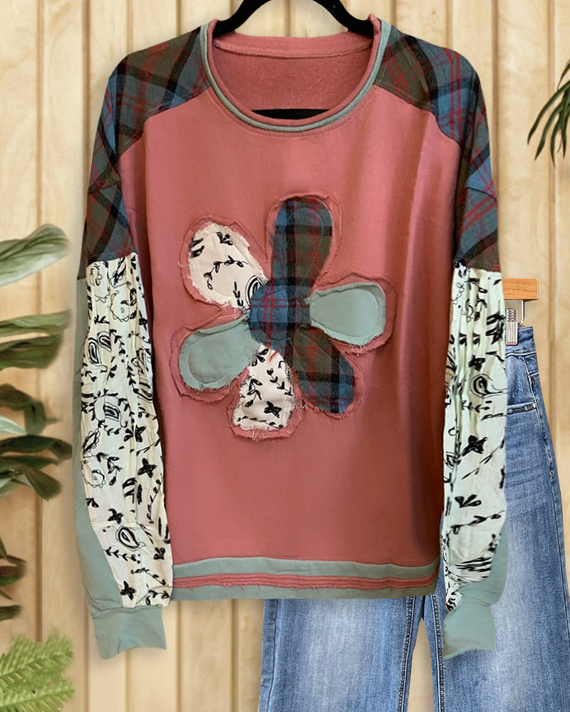 Mixed Print Patchwork Flower On-trend Color Block Blouse