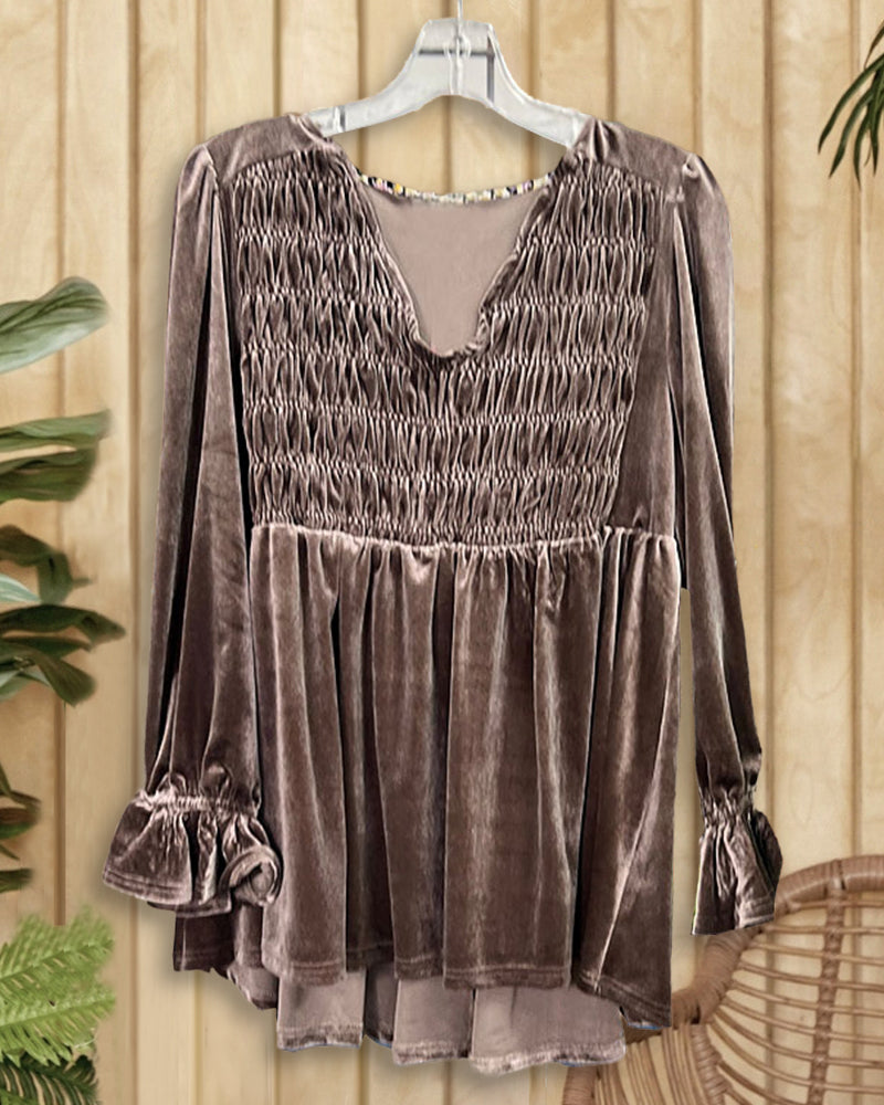 Solid Color Strap Shirred Girly Velvet Blouse