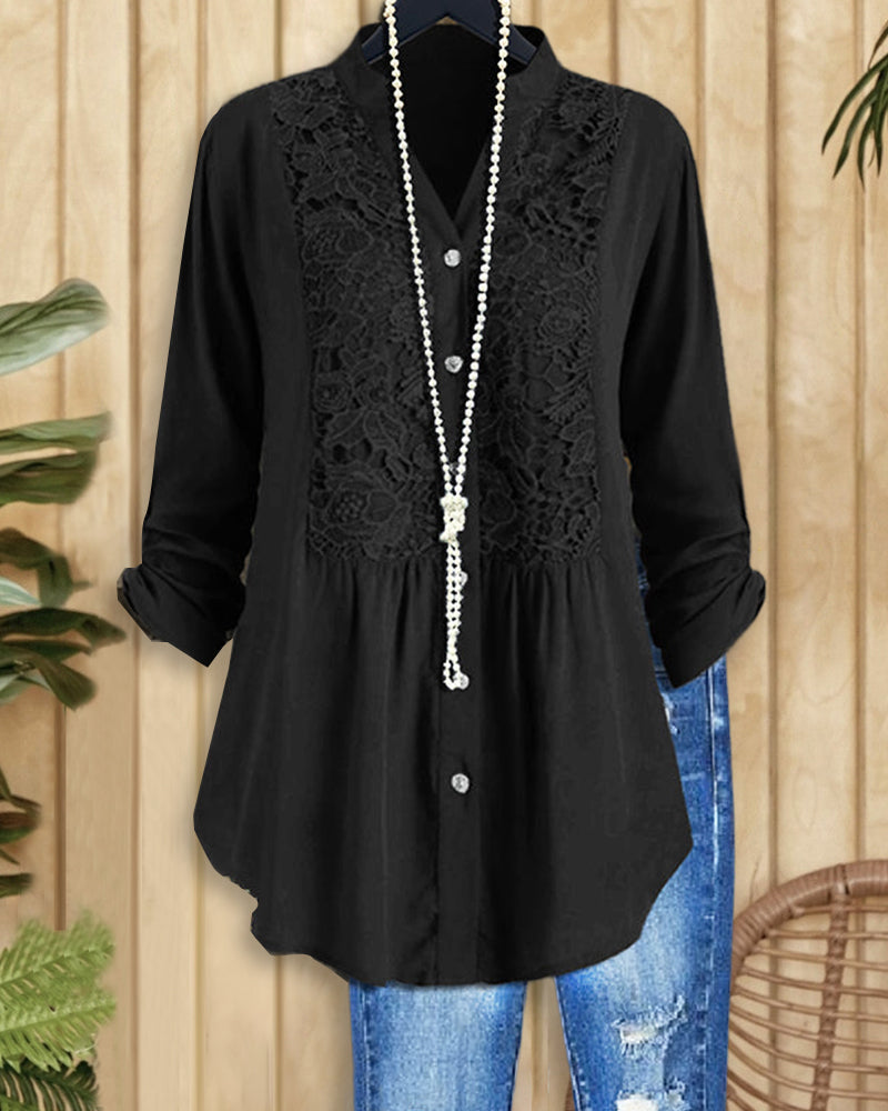 Lace Panel V-neck Long Sleeve Shirt