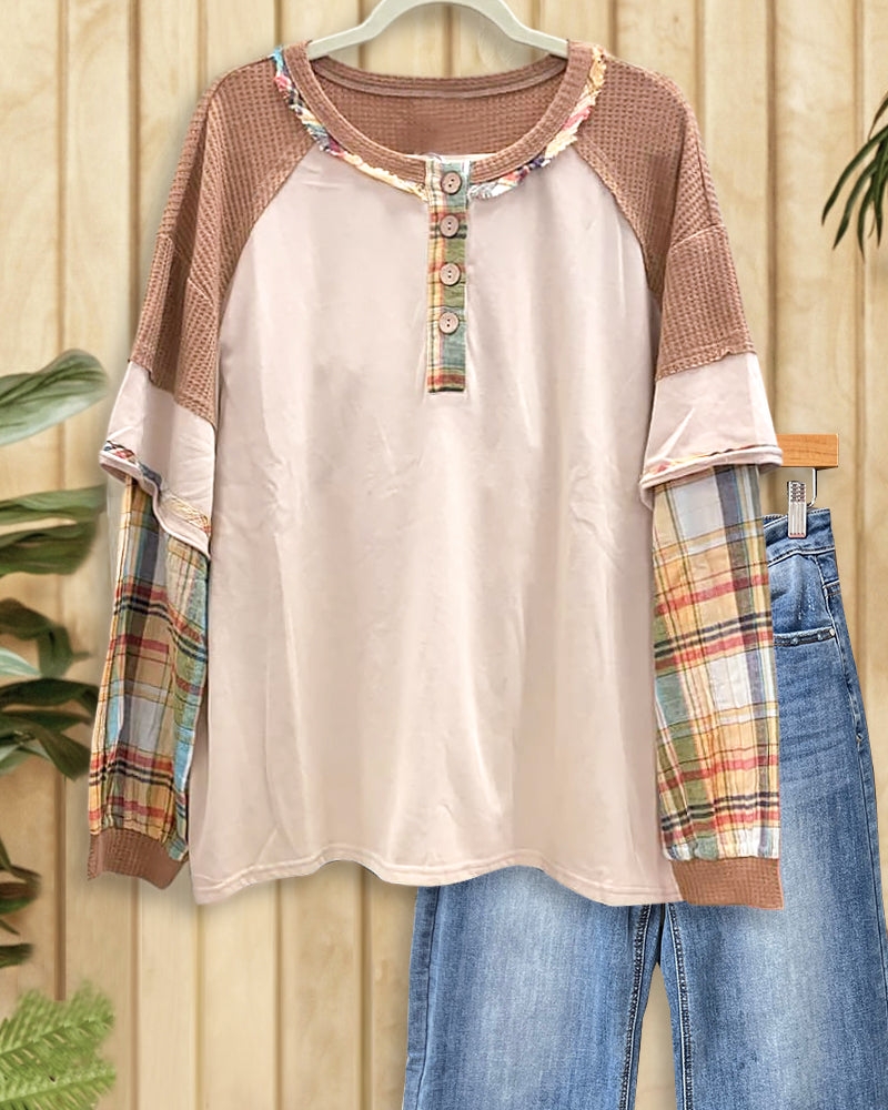 Plaid & Waffle Mixed Patchwork Unusual Round Neck Blouse