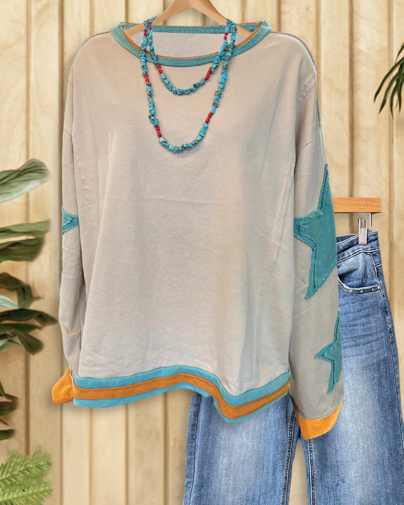 Patchwork Star Applique On-trend Drop Shoulder Sweatshirt