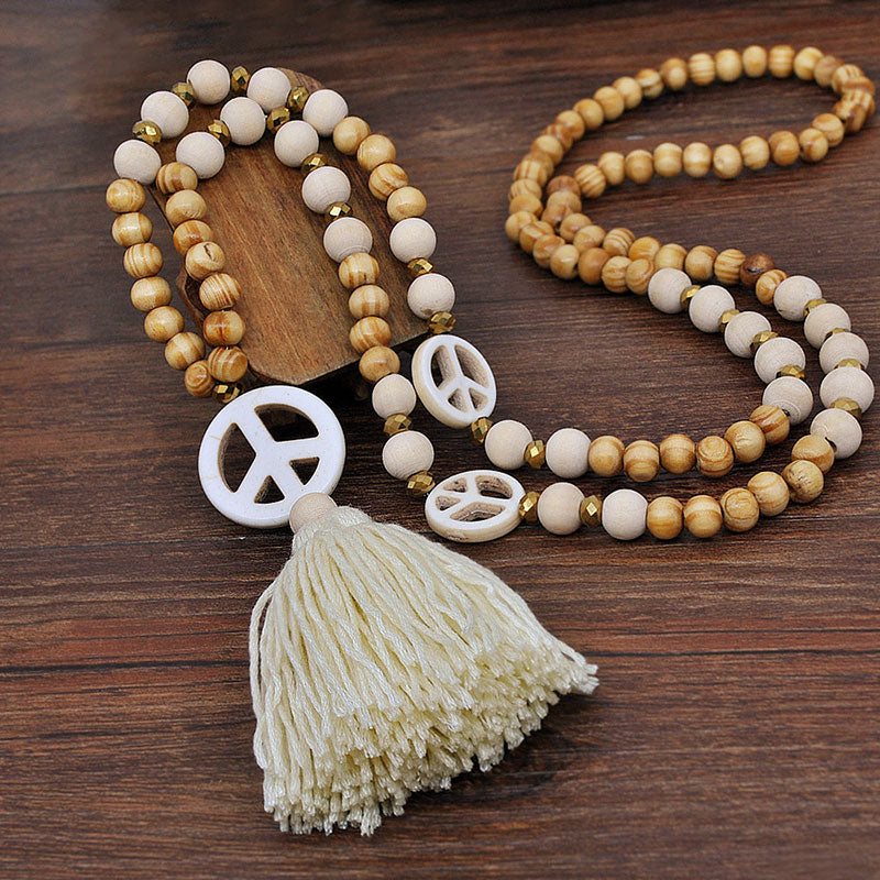 Peace Sign Pendant Ethnic Tassel Wooden Bead Necklace