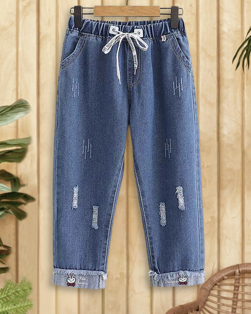 Ripped Washed Urban Drawstring Cartoon Embroidered Jeans