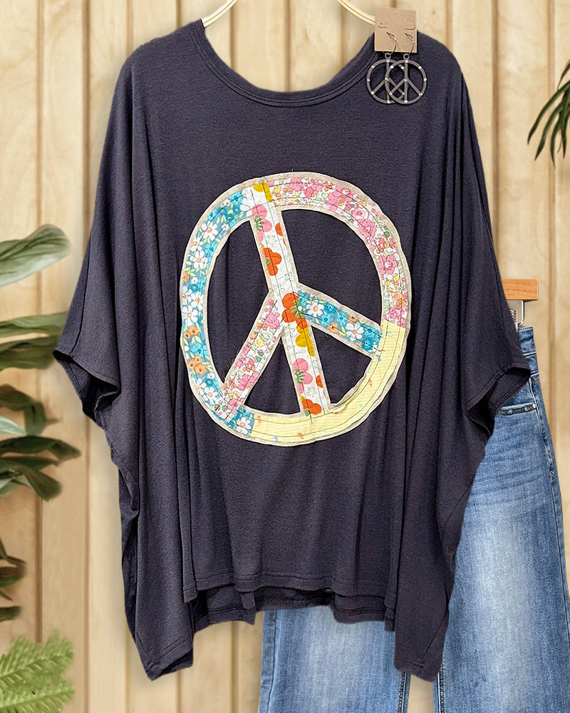 Peace Sign Applique Batwing Sleeve Oversized Shirt