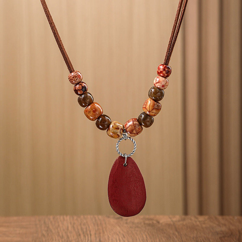 Wooden Bead Classic Drop-shaped Pendant Necklace