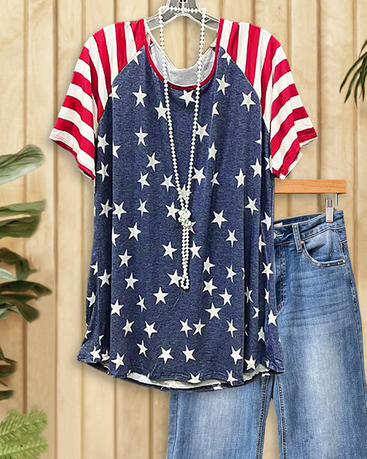 Striped & Star Print Casual Raglan Sleeve T-Shirt