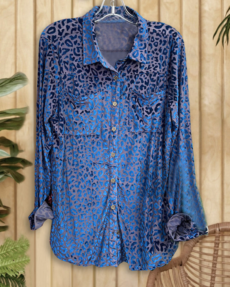 Leopard Jacquard Feminine Patch Pocket Shirt