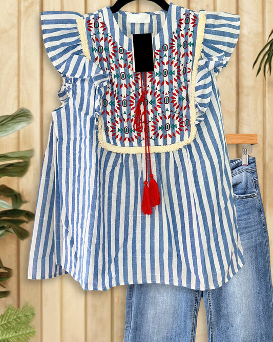 Geometric Embroidery Retro Ruffles Vertical Striped T-Shirt