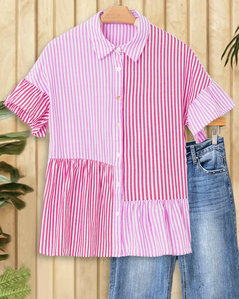 Color Block Striped Bright Ruffles Button Blouse