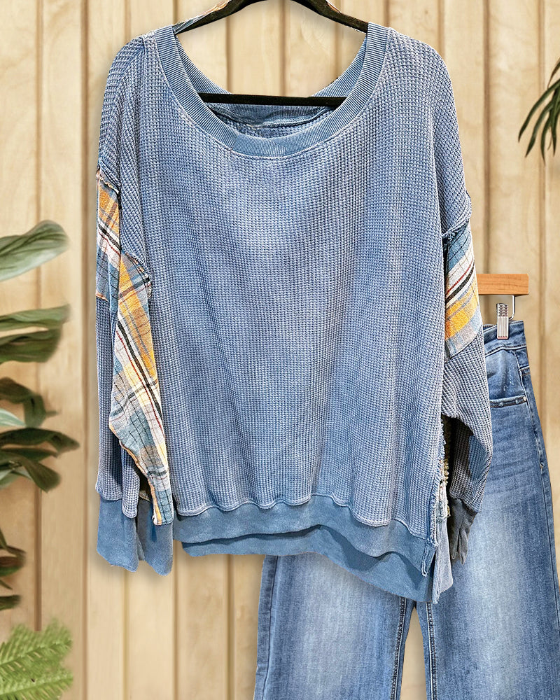 Plaid Patchwork Relaxed Waffle Sweatshirt