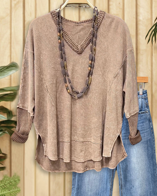 Patchwork V Neck Sporty Side Slit High Low Blouse