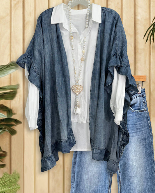 Solid Color Ruffle Patchwork Simple Open Front Blouse