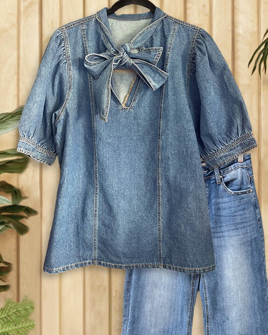 Solid Color Denim Girly Pussy Bow T-Shirt