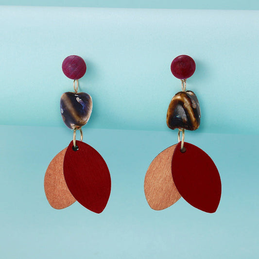 Ceramic Star Decor Modern Wooden Leaf-shaped Pendant Earrings