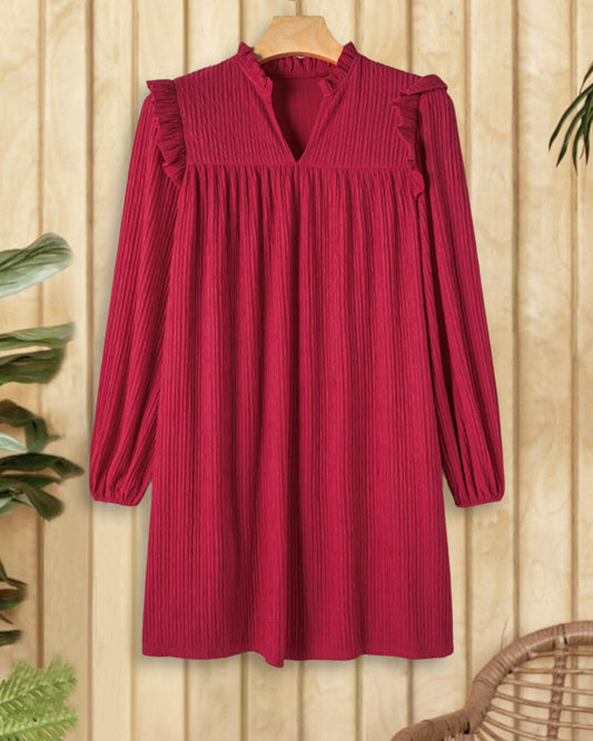 Solid Color Textured Pretty Ruffled Trim Mini Dress