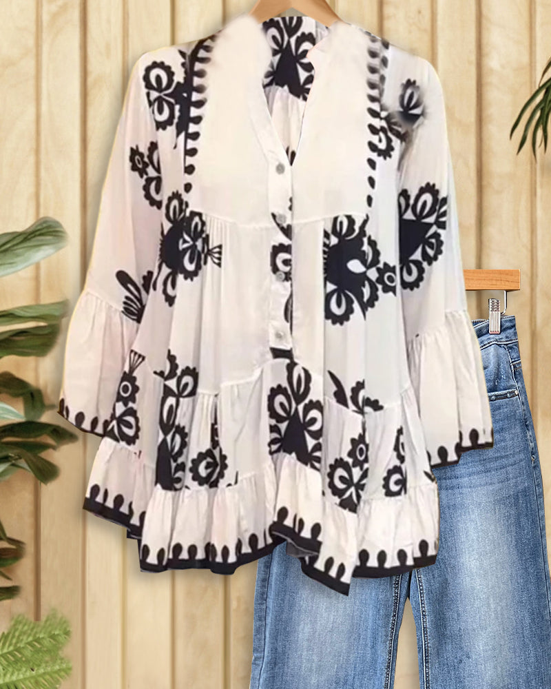 Contrasting Tribal Print Classic Tiered Blouse