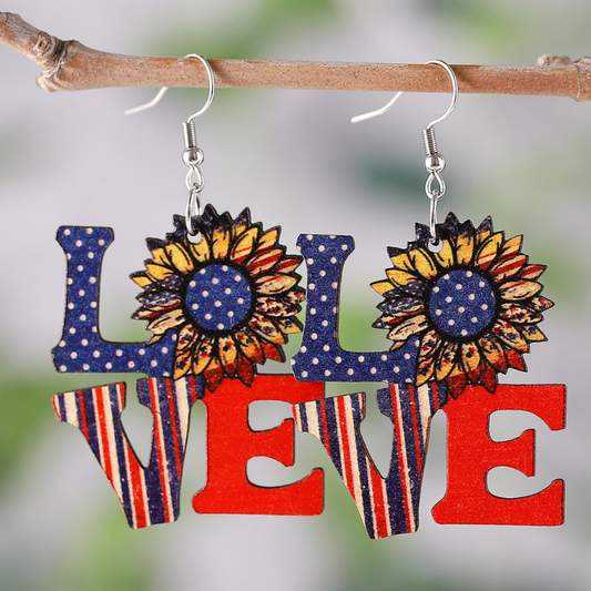 National Flag Print LOVE-shaped Wooden Pendant On-trend Earrings