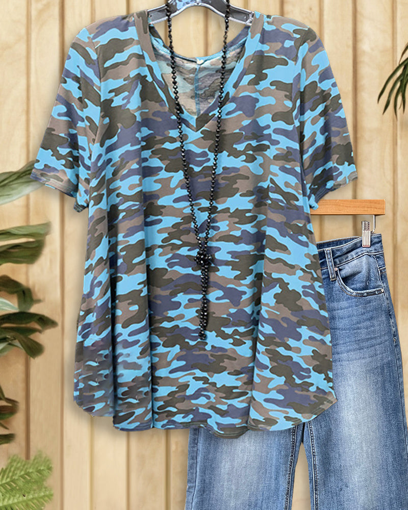 Camouflage Print Crew Neck Short-Sleeved Tee