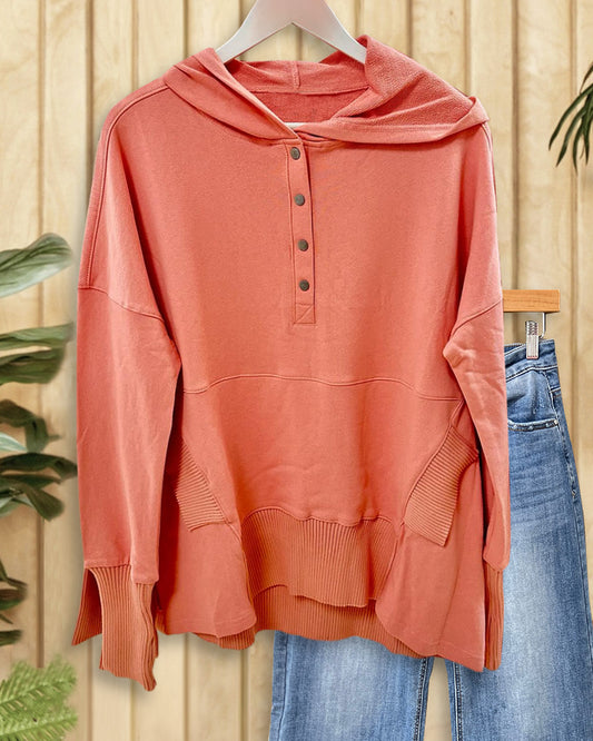 Solid Color Ribbed Patchwork Cozy Hooded Top