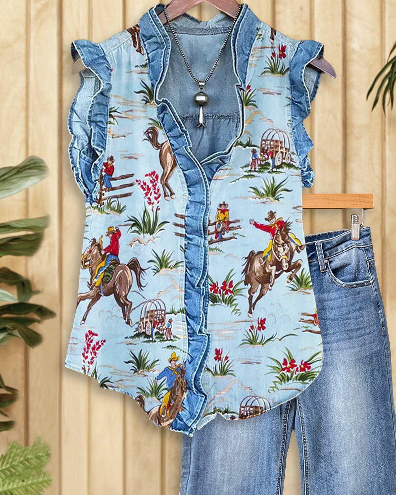 West Cowboy Print Ruffles Patchwork Urban T-Shirt