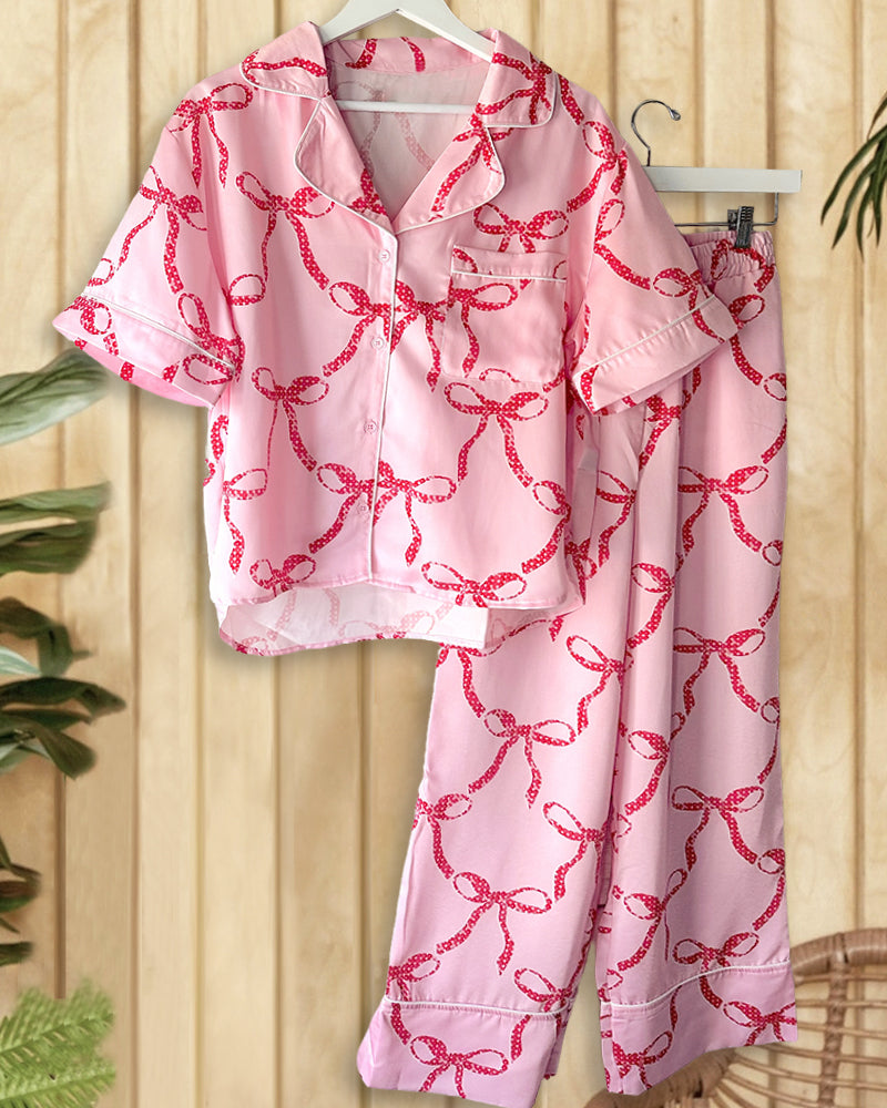 Bowknot Print Piping Casual Wear Pant Suit