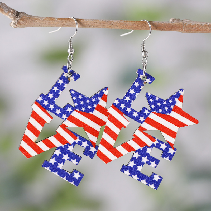 National Flag Print LOVE-shaped Wooden Pendant On-trend Earrings