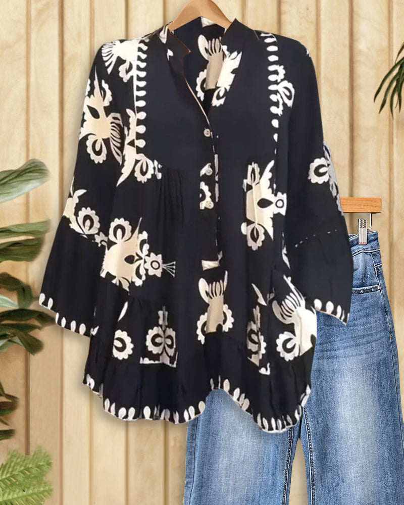 Contrasting Tribal Print Classic Tiered Blouse