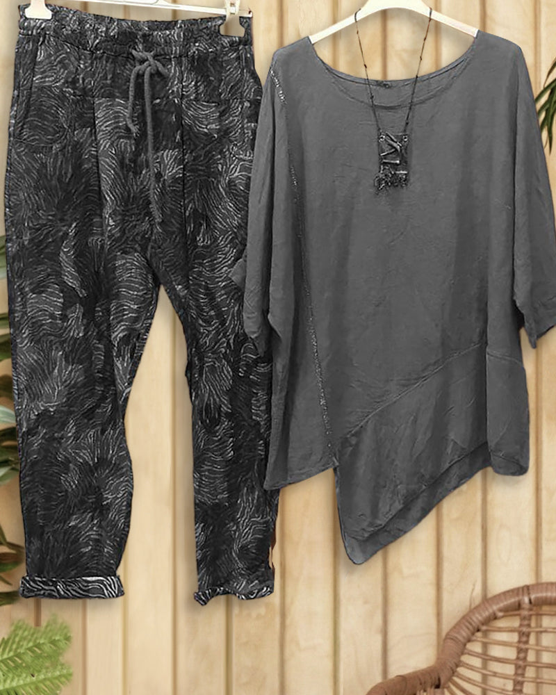 Camouflage Cozy Drawstring Irregular Pant Suit