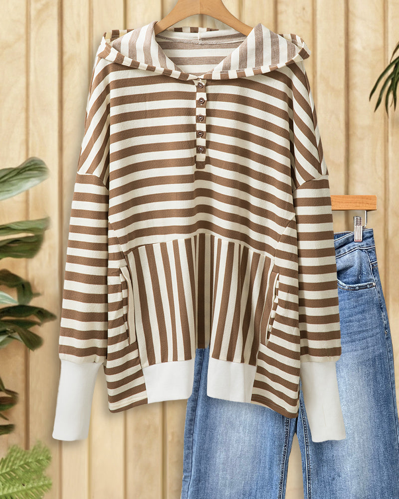 Striped Patch Pocket Unique Hooded Top