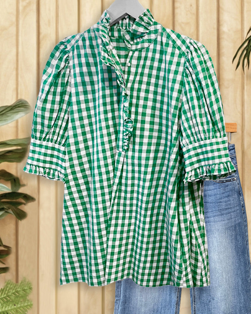 Grid Smart Ruffles Trim Puff Sleeve Blouse