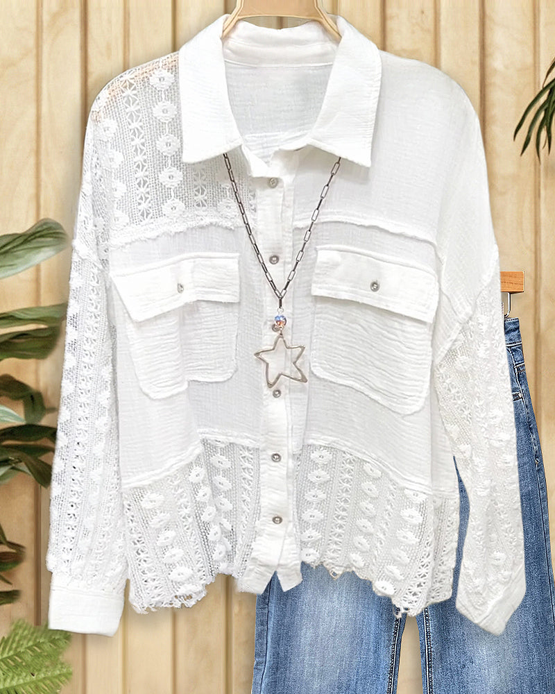 White Lace Patchwork Urban Button Down Blouse