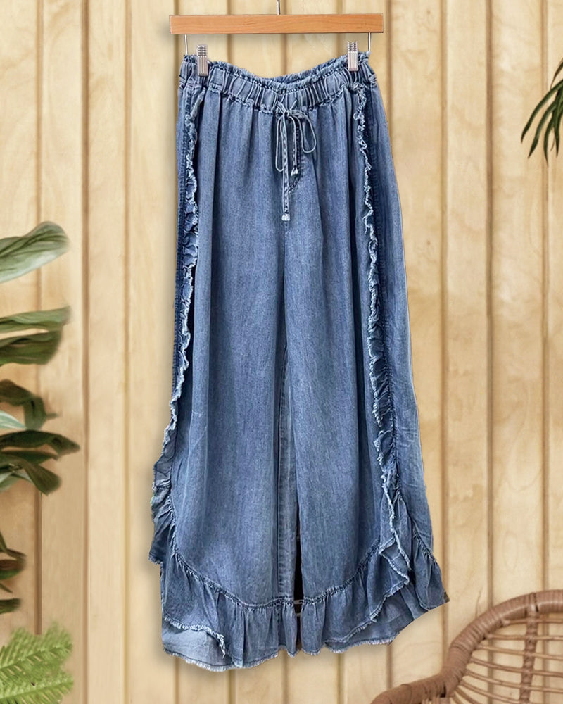 Solid Color Relaxed Ruffle Patchwork Wide Leg Jeans