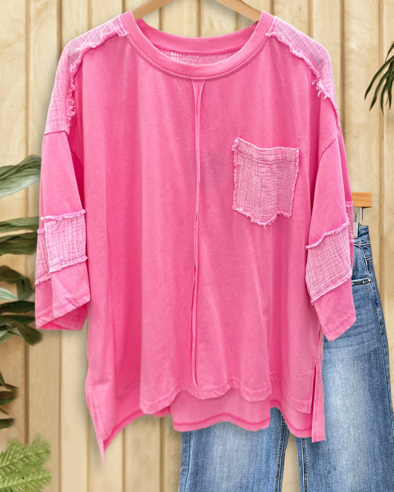 Patchwork Versatile Round Neck Side Slit Blouse